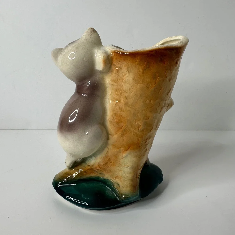Vintage Ceramic Kitten‎ Cat Tree Stump Planter Vase Hand Painted Royal Copley?